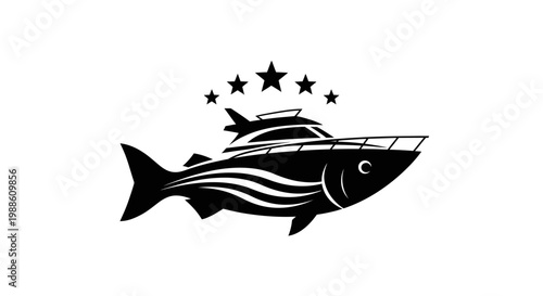 Minimalist fishing boat and fish logo with five stars