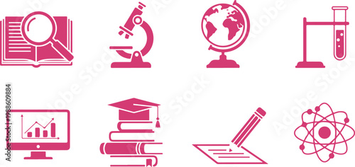 Set of colorful educational and scientific icons featuring microscope globe test tube books graduation cap pencil atom and graph on transparent background