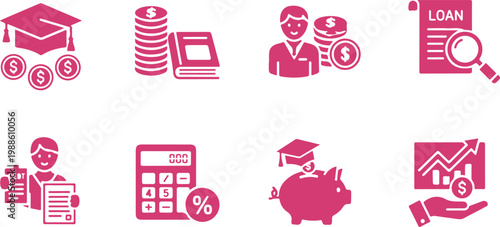 Set of colorful financial education and student loan management icons isolated on transparent background