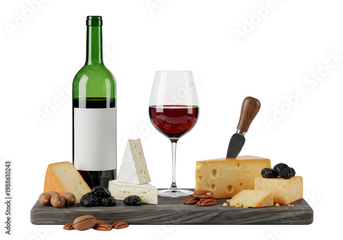 dark wine bottle, red wine glass, artisan cheeses (gouda, brie), prunes, and pecans on a weathered oak board against white background; commercial product still life. concept of luxury gourmet tasting