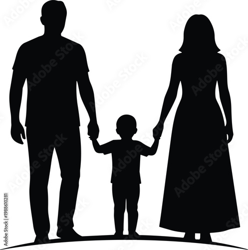 Black silhouette of a happy family with father mother and small child holding hands and standing together isolated on white background for lifestyle and community insurance concepts.