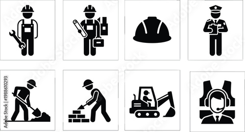 Professional construction worker and industrial job icons set featuring builders with tools helmets machinery and safety equipment isolated on white background.