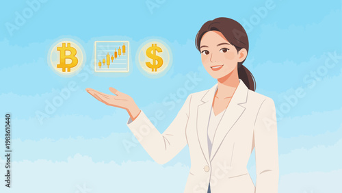 Businesswoman presenting financial symbols