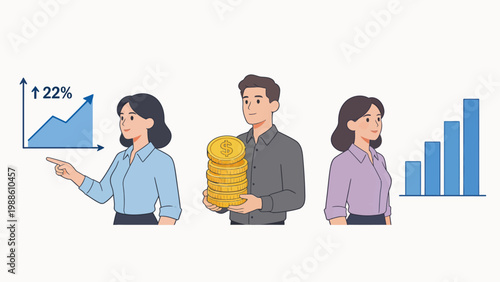 Three people with money and charts