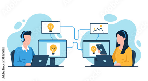 Two professionals wearing headsets work on computers connected by lines to creative lightbulb icons in a bright and modern office with blue accents.