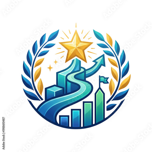 Circular Laurel Wreath Badge with Rising Chart and Star, Financial Growth and Marketing Success Emblem Vector