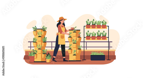 A focused gardener wearing a straw hat and apron tends to vibrant vertical hydroponic plant towers on a sunny and peaceful rooftop terrace environment.