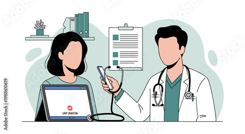 A dedicated doctor holds a stethoscope and smartphone while consulting a patient who views a digital tablet in a clean, professional medical office.