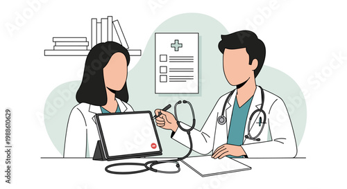 Two medical professionals in white lab coats collaborate while reviewing a digital tablet at a desk within a bright and sterile clinical office space.