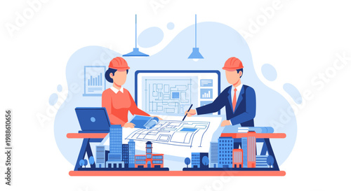 Two professional architects wearing hard hats collaborate on a large blueprint at a table featuring miniature city models in a bright, modern office.