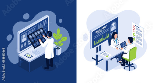Medical experts analyze detailed patient scans and complex digital data on large screens within a split-screen isometric view of a modern clinic space.