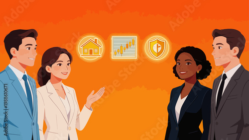 Business people discussing icons