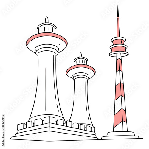A minimalist line drawing depicts three distinctive towers showcasing architectural designs with red accents and geometric forms high quality professional detailed modern