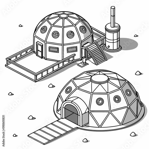An isometric illustration depicts two futuristic geodesic dome structures one with a chimney set in a sparsely detailed abstract landscape high quality