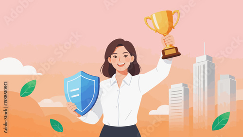 Woman holding trophy and shield