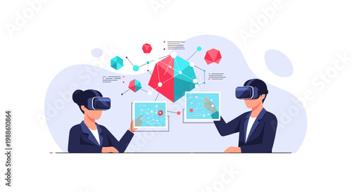 Business professionals wearing advanced virtual reality headsets manipulate complex floating geometric data models in a soft lavender digital workspace.