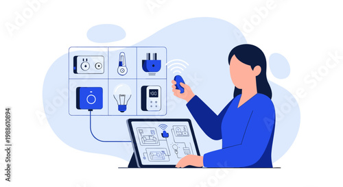 Focused woman in a blue shirt operates smart home devices using a remote control while monitoring a connected system on her tablet in a bright room.