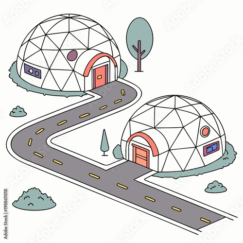 An illustrative depiction showcases two geodesic dome homes connected by a winding pathway alongside sparse stylized greenery high quality professional detailed modern