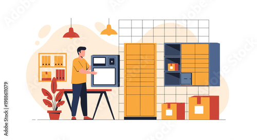A diligent worker organizes various cardboard parcels into a large metallic locker system within a spacious warehouse facility featuring warm ambient lighting.