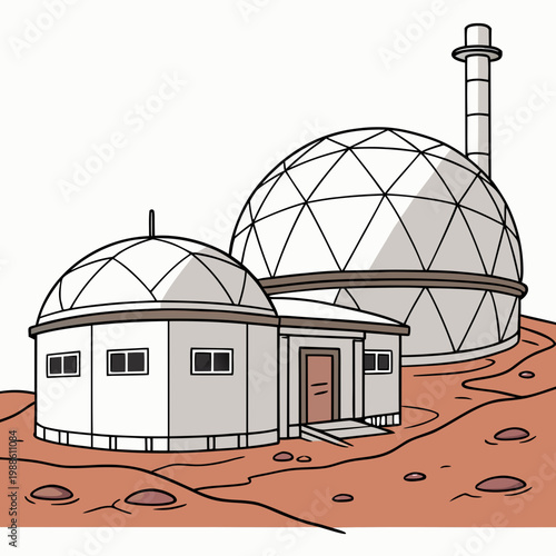 A colorful cartoon illustration depicts a futuristic research facility with two domed structures and a smokestack on a reddish terrain high quality