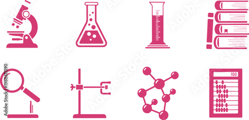 Set of educational and scientific icons featuring microscope lab tools chemistry study materials transparent background