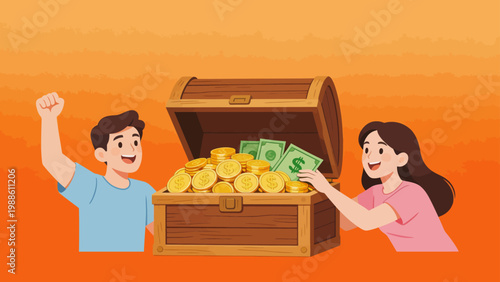 Two people with treasure chest full of money