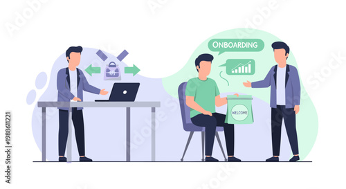 An enthusiastic new employee receives a branded welcome gift bag from a supportive colleague during an efficient digital onboarding process in the office.