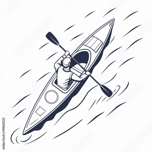 An overhead view depicts a lone kayaker skillfully navigating across water leaving a trail of ripples in their wake high quality professional