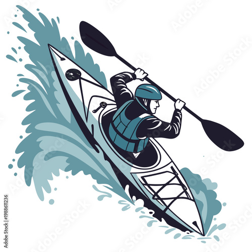 A stylized illustration depicts a kayaker navigating turbulent splashing waters skillfully maneuvering a sleek narrow kayak with dual paddles high quality professional