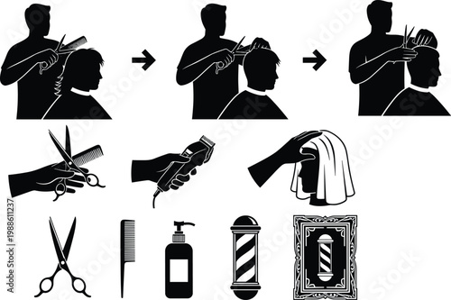 Professional barber shop and hair salon icon set featuring men's haircut process hair clippers scissors comb and traditional barber pole isolated on white background.