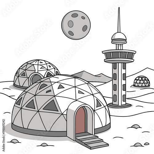 A black and white illustration depicts a futuristic lunar base with domed structures a tower and a cratered moon high quality professional
