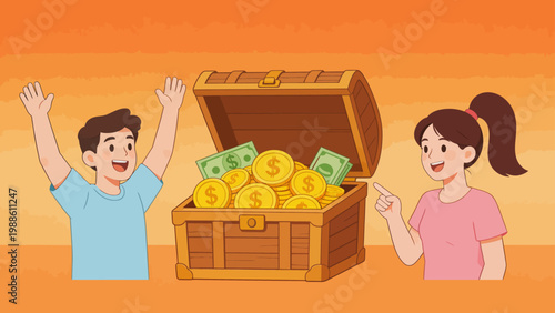 joyful couple with treasure chest