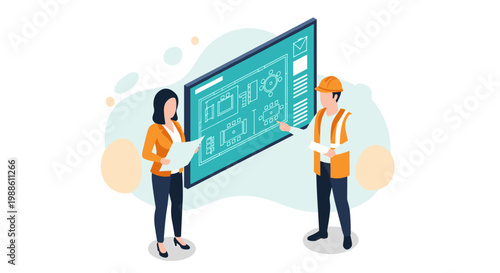 An architect and a construction manager review a detailed digital floor plan on a large interactive screen during a collaborative office design consultation.