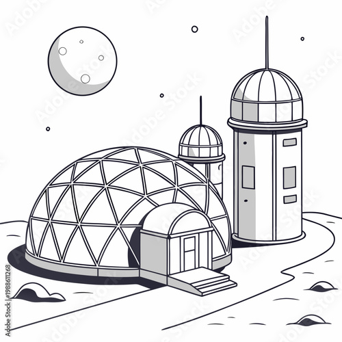 A black and white illustration depicts a futuristic lunar base with geodesic domes a tower and a distant planet high quality professional