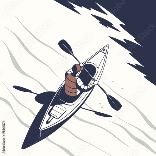An overhead view depicts a lone kayaker paddling through dark blue waters surrounded by stylized white wave patterns high quality professional detailed