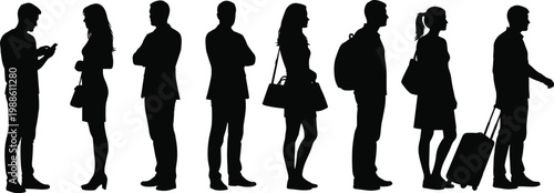 Whether it’s for an airport wayfinding system, a public transit app, or a travel blog, these "waiting in line" figures are a staple for modern graphic design.