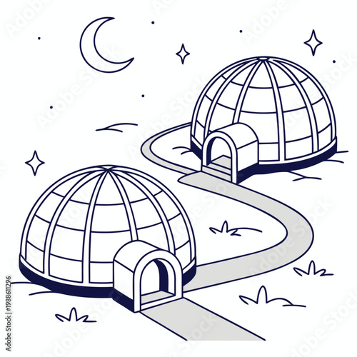 A charming illustration depicts two igloos connected by a winding path under a crescent moon and twinkling stars high quality professional detailed