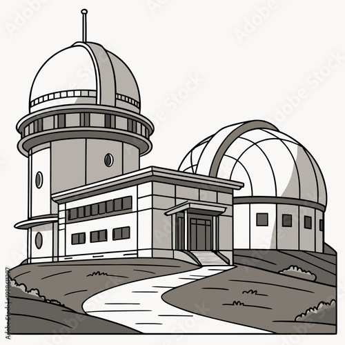 A detailed illustration depicts two astronomical observatories with distinctive dome structures a pathway and surrounding landscape high quality professional modern elegant stylish