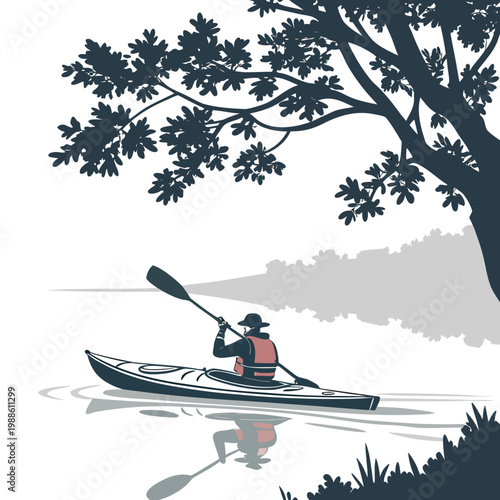 A solitary kayaker paddles across a calm body of water beneath the shade of a large silhouetted tree high quality professional detailed