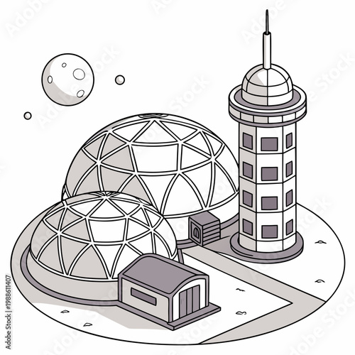An isometric illustration depicts a futuristic space station complex with domed structures a tall tower and celestial bodies high quality professional detailed