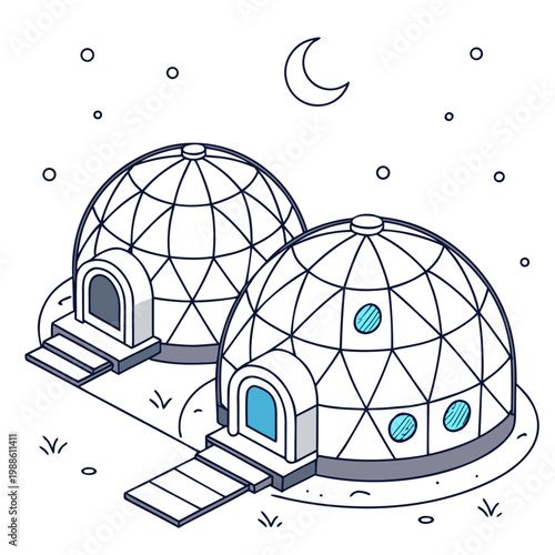 An isometric illustration depicts two futuristic dome shaped houses under a crescent moon and starry night sky evoking a sense of tranquility