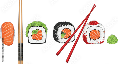 Assortment of salmon sushi rolls and nigiri with chopsticks and wasabi