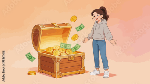 Cartoon girl with treasure chest