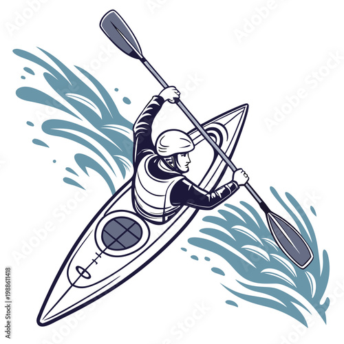 An aerial view showcases a kayaker in motion paddling through splashing water depicted in a dynamic illustrative style high quality professional detailed