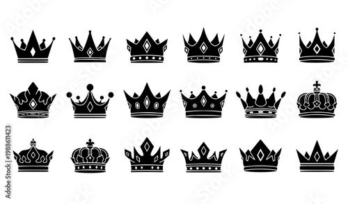 Royal Crown Silhouette Collection with Detailed King and Queen Crown Variations for Luxury Branding, Heraldic Design, Premium Symbols and Elegant Decorative Elements