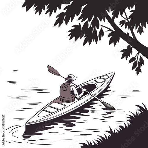 A solitary kayaker paddles across calm waters beneath the shade of overhanging tree branches enjoying a peaceful outdoor scene high quality professional