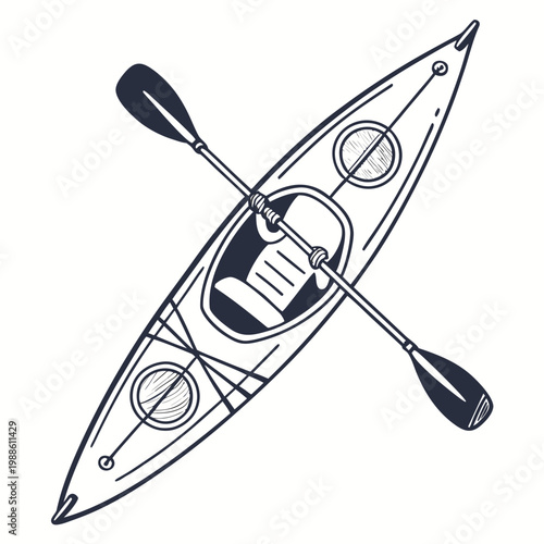 A detailed line drawing showcases a sleek kayak viewed from directly above complete with dual paddles and internal cockpit features high quality