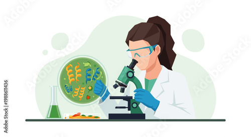A meticulous scientist in protective gear examines biological samples through a microscope to study complex spiral structures in a clean lab environment.