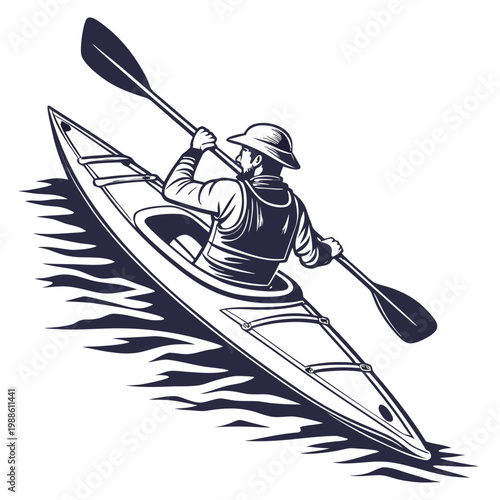 A vintage style illustration depicts a kayaker paddling a sleek boat through choppy water viewed from a dynamic rear perspective high quality