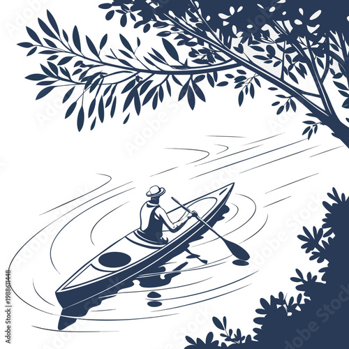 A solitary kayaker paddles across calm waters beneath overhanging branches creating a serene and peaceful outdoor scene high quality professional detailed modern